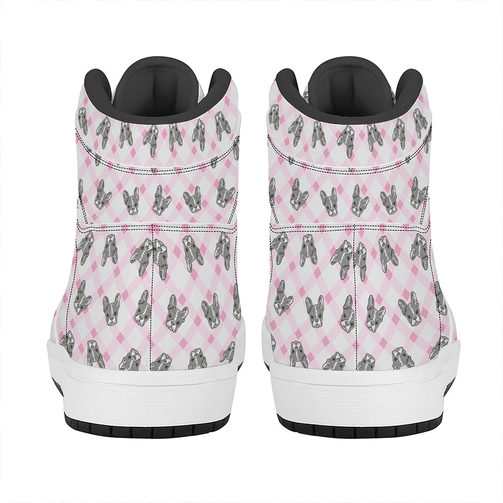 Pink Boston Terrier Plaid Print High Top Leather Sneakers