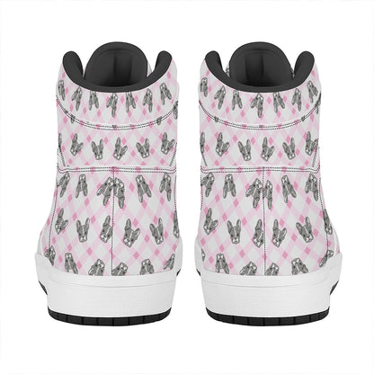 Pink Boston Terrier Plaid Print High Top Leather Sneakers