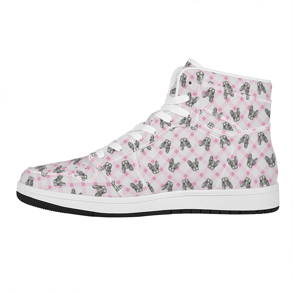 Pink Boston Terrier Plaid Print High Top Leather Sneakers