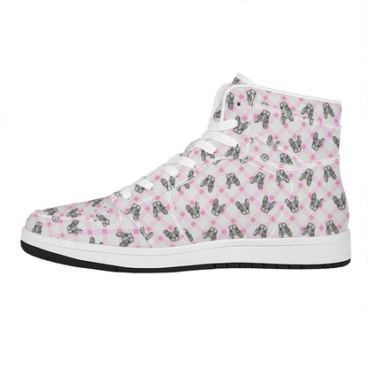 Pink Boston Terrier Plaid Print High Top Leather Sneakers