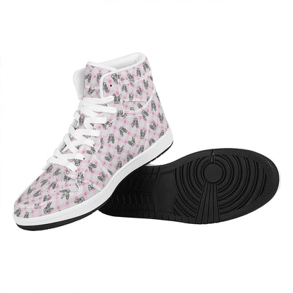 Pink Boston Terrier Plaid Print High Top Leather Sneakers