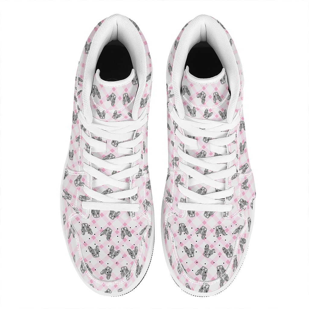 Pink Boston Terrier Plaid Print High Top Leather Sneakers