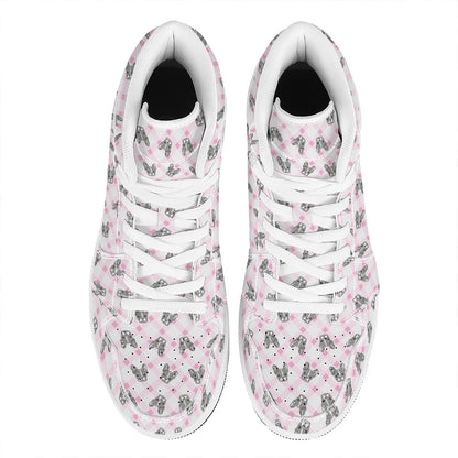Pink Boston Terrier Plaid Print High Top Leather Sneakers