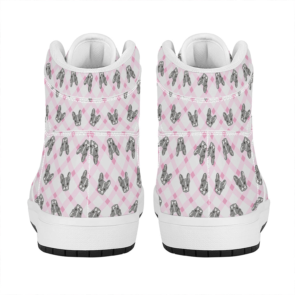 Pink Boston Terrier Plaid Print High Top Leather Sneakers