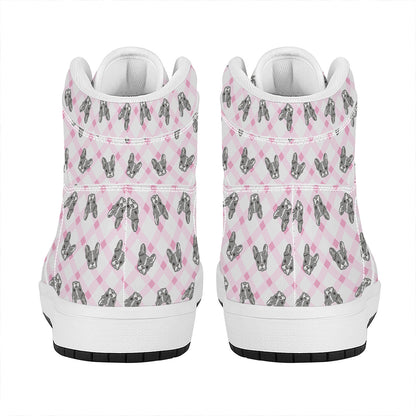 Pink Boston Terrier Plaid Print High Top Leather Sneakers