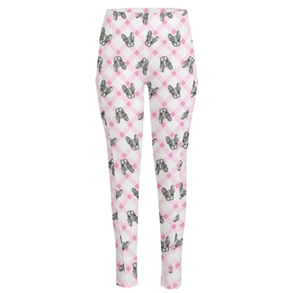 Pink Boston Terrier Plaid Print High-Waisted Pocket Leggings