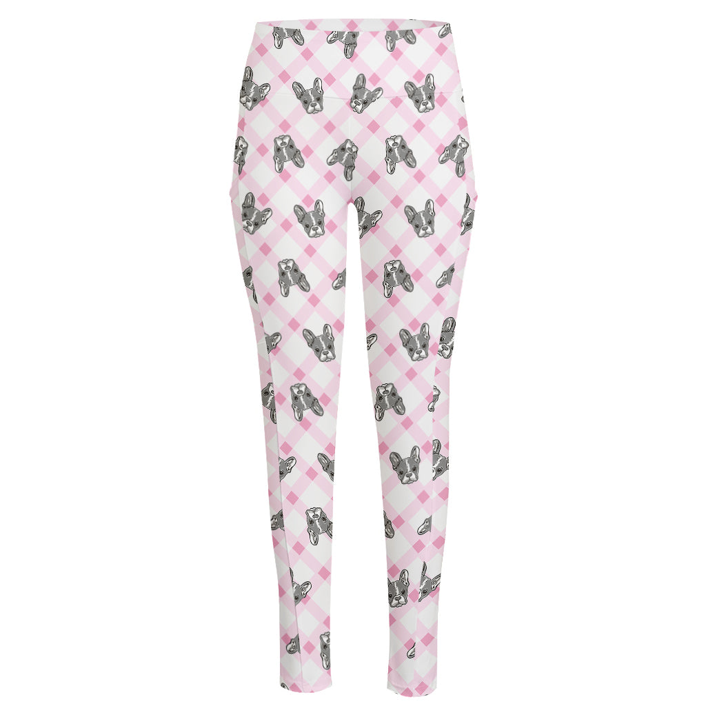 Pink Boston Terrier Plaid Print High-Waisted Pocket Leggings