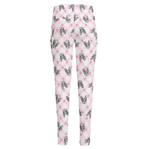 Pink Boston Terrier Plaid Print High-Waisted Pocket Leggings