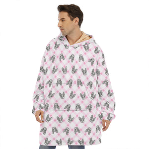 Pink Boston Terrier Plaid Print Hoodie Blanket