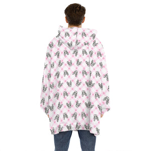 Pink Boston Terrier Plaid Print Hoodie Blanket