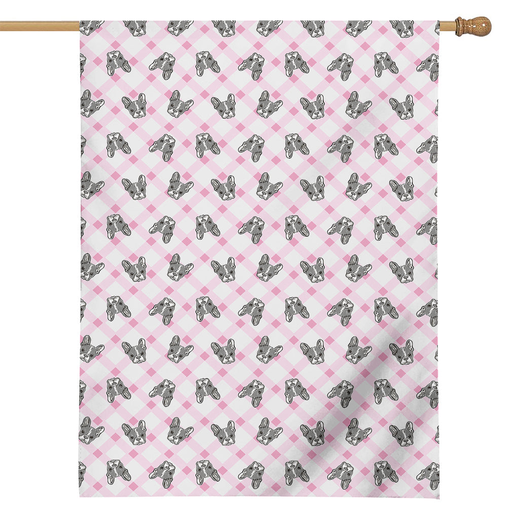 Pink Boston Terrier Plaid Print House Flag