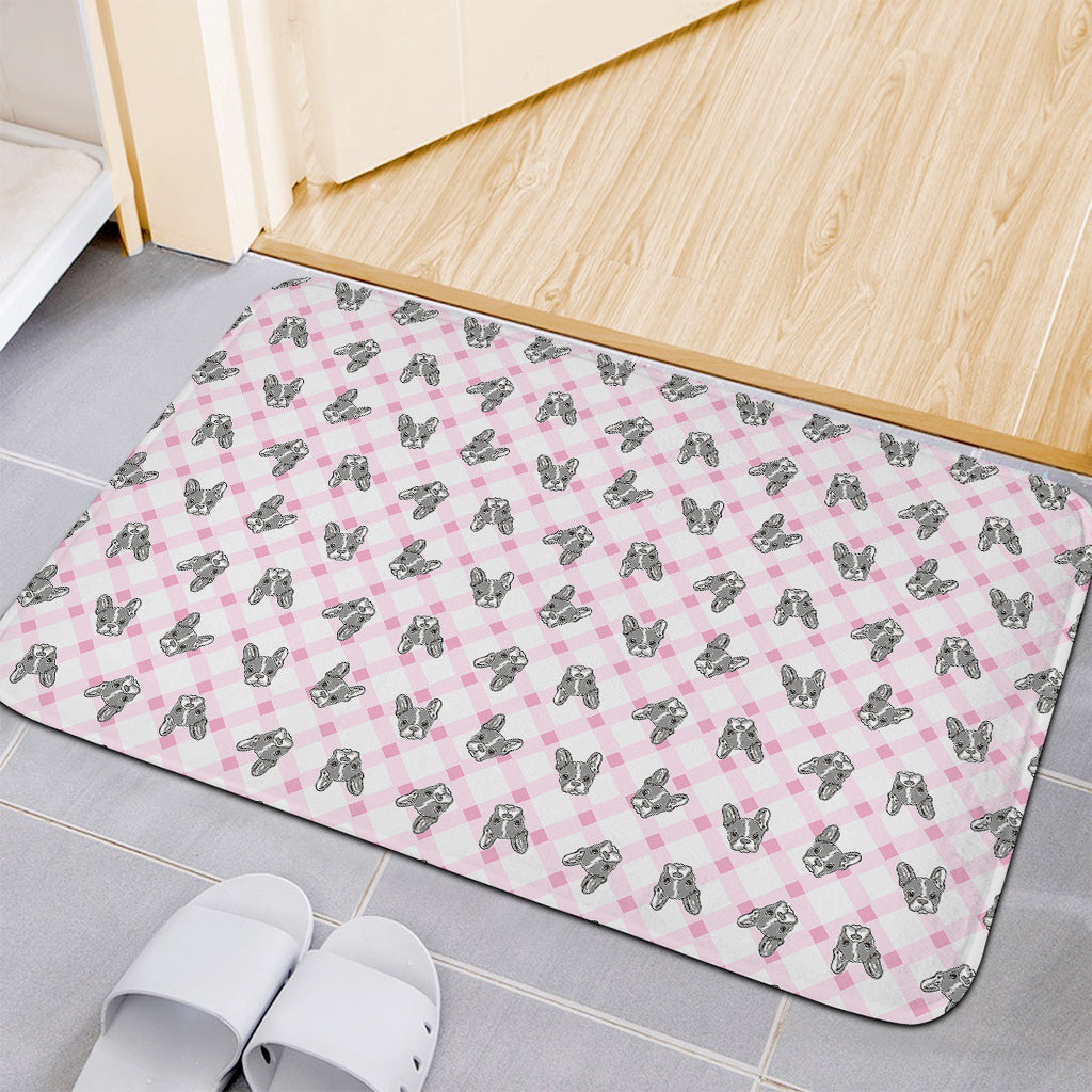 Pink Boston Terrier Plaid Print Indoor Door Mat