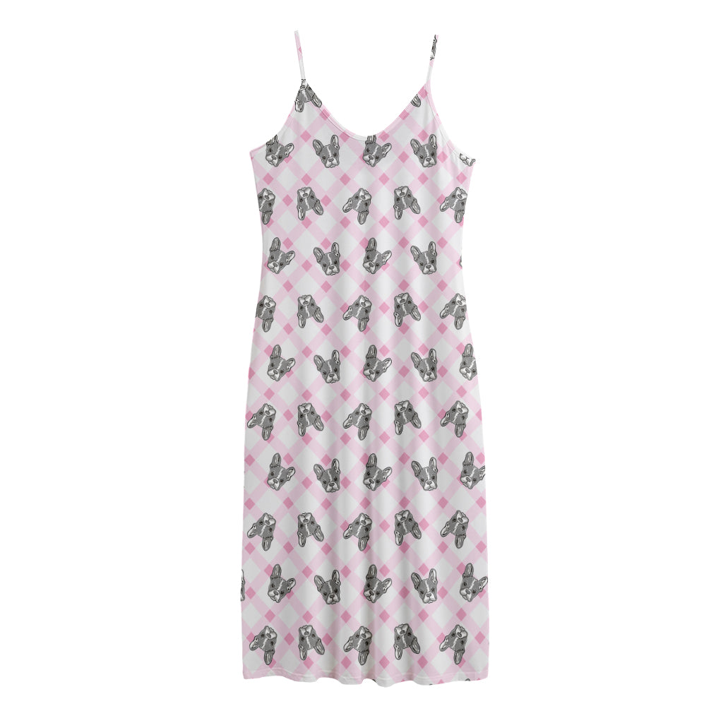 Pink Boston Terrier Plaid Print Jersey Midi Cami Dress