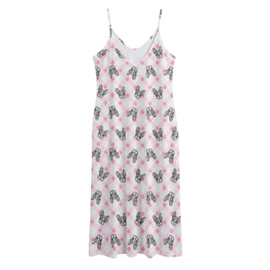 Pink Boston Terrier Plaid Print Jersey Midi Cami Dress