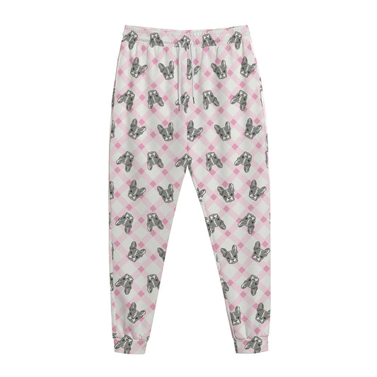 Pink Boston Terrier Plaid Print Jogger Pants