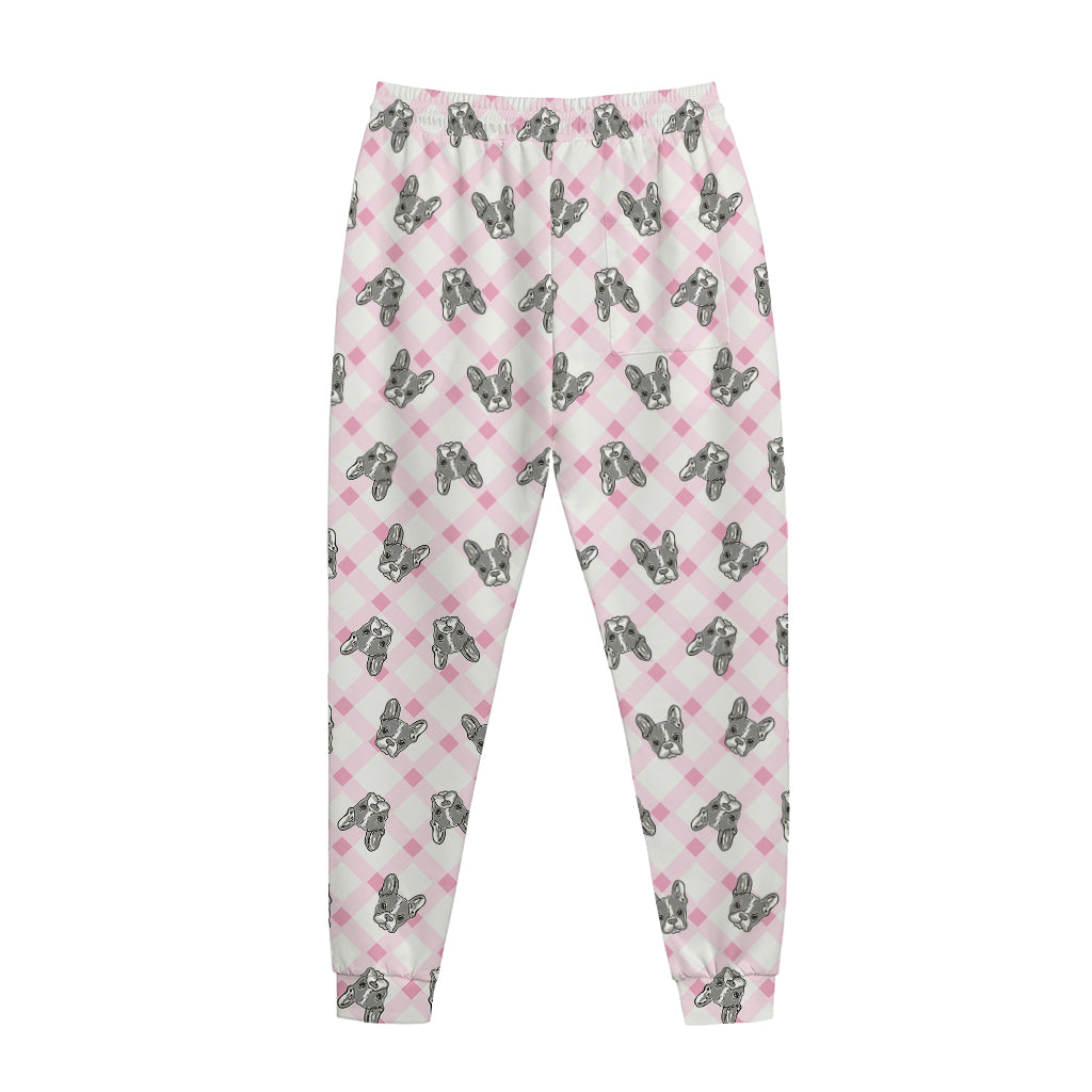 Pink Boston Terrier Plaid Print Jogger Pants