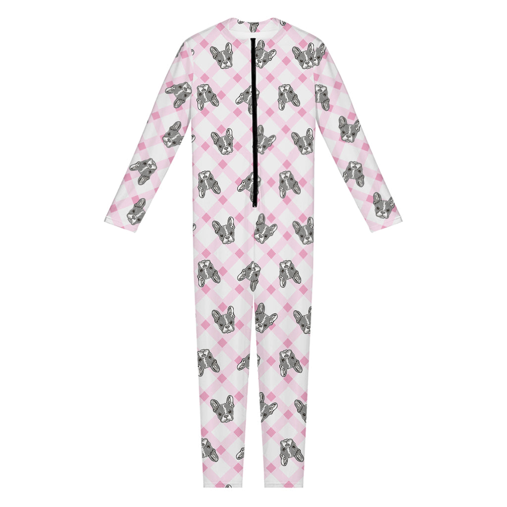 Pink Boston Terrier Plaid Print Jumpsuit