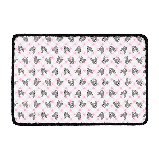 Pink Boston Terrier Plaid Print Kitchen Mat