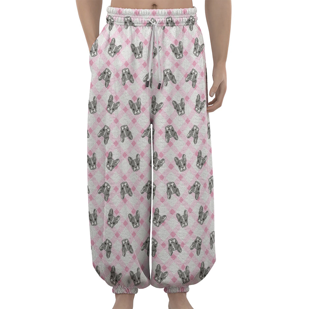 Pink Boston Terrier Plaid Print Lantern Pants