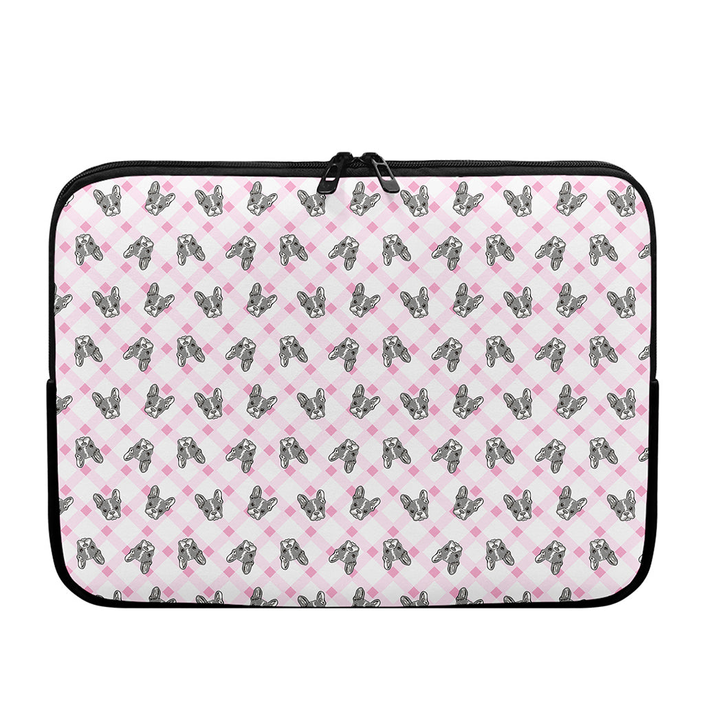 Pink Boston Terrier Plaid Print Laptop Sleeve