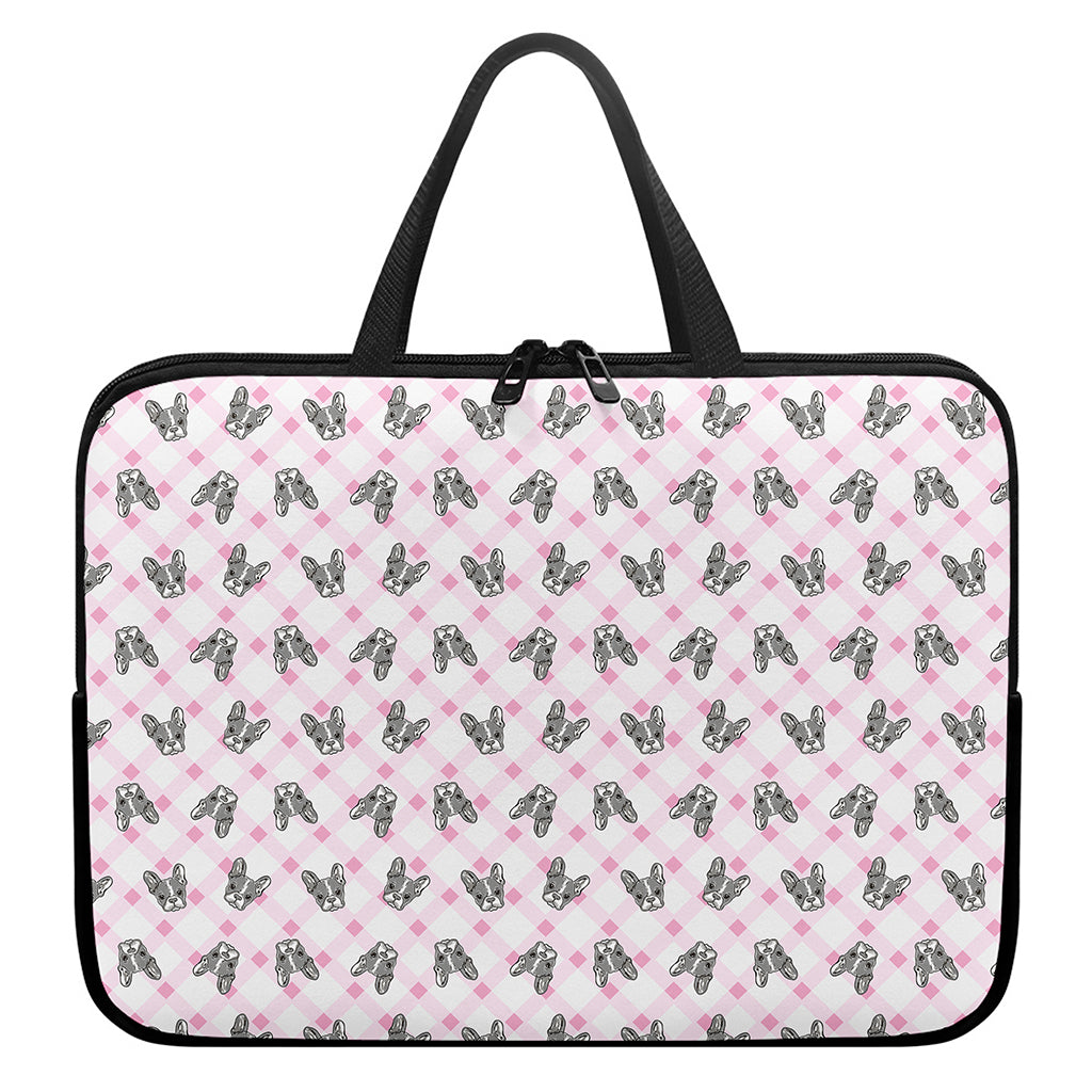 Pink Boston Terrier Plaid Print Laptop Sleeve With Handle