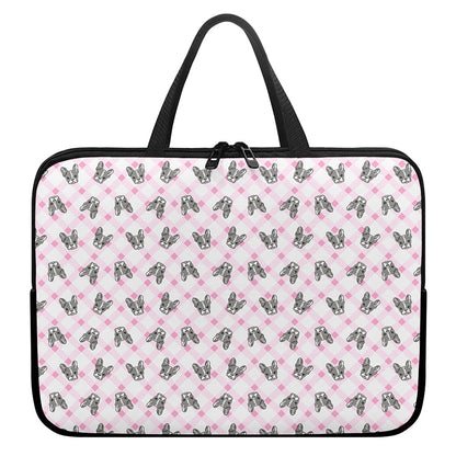 Pink Boston Terrier Plaid Print Laptop Sleeve With Handle
