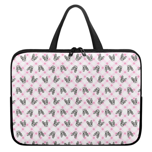 Pink Boston Terrier Plaid Print Laptop Sleeve With Handle