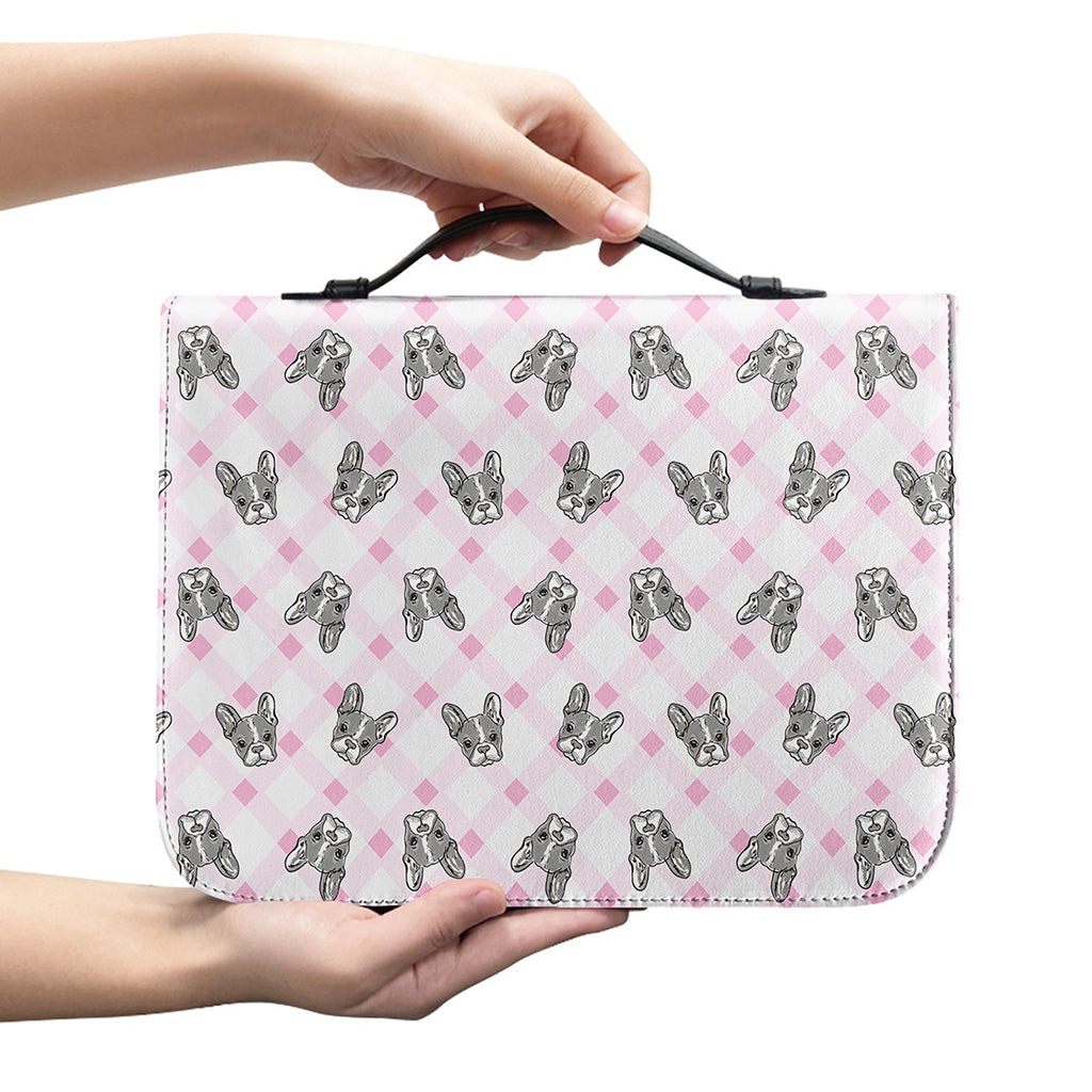 Pink Boston Terrier Plaid Print Leather Bible Cover