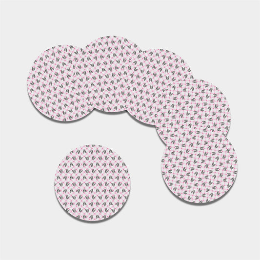 Pink Boston Terrier Plaid Print Leather Coaster Set