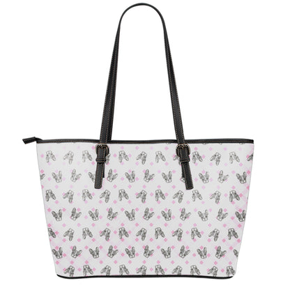 Pink Boston Terrier Plaid Print Leather Tote Bag