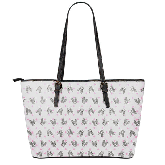 Pink Boston Terrier Plaid Print Leather Tote Bag