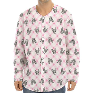 Pink Boston Terrier Plaid Print Long Sleeve Baseball Jersey