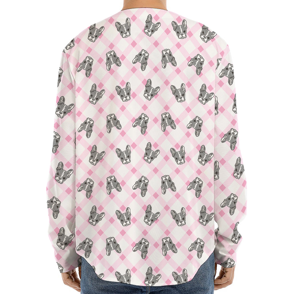 Pink Boston Terrier Plaid Print Long Sleeve Baseball Jersey