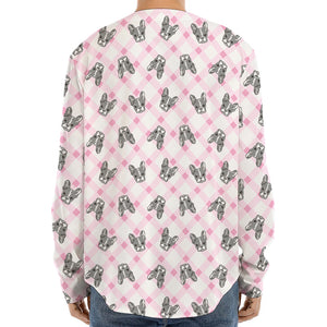 Pink Boston Terrier Plaid Print Long Sleeve Baseball Jersey