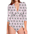 Pink Boston Terrier Plaid Print Long Sleeve Swimsuit
