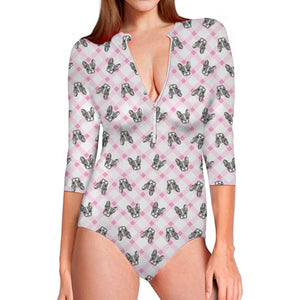 Pink Boston Terrier Plaid Print Long Sleeve Swimsuit