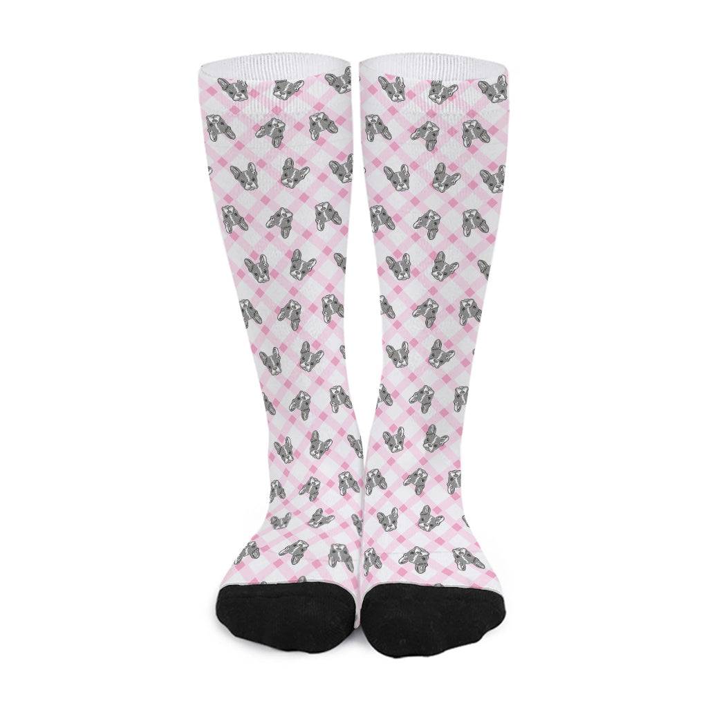 Pink Boston Terrier Plaid Print Long Socks