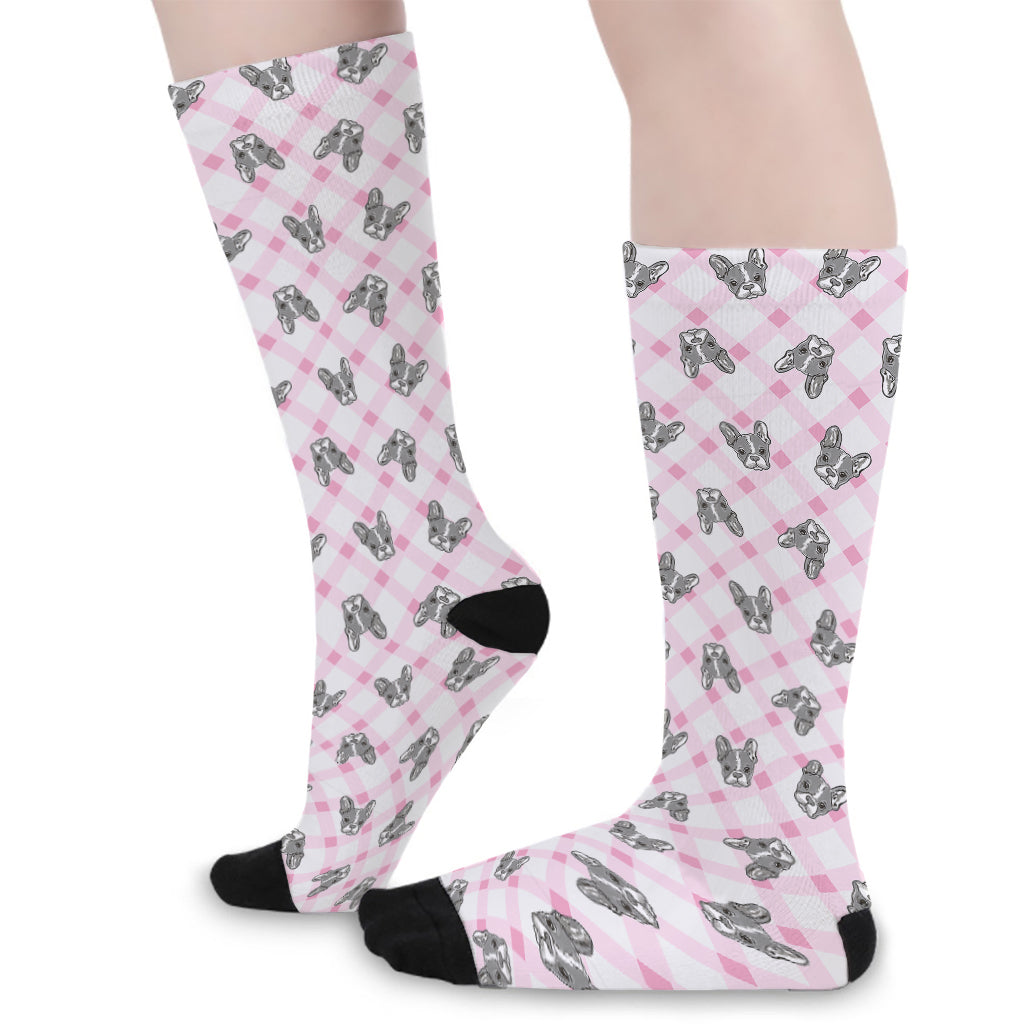 Pink Boston Terrier Plaid Print Long Socks