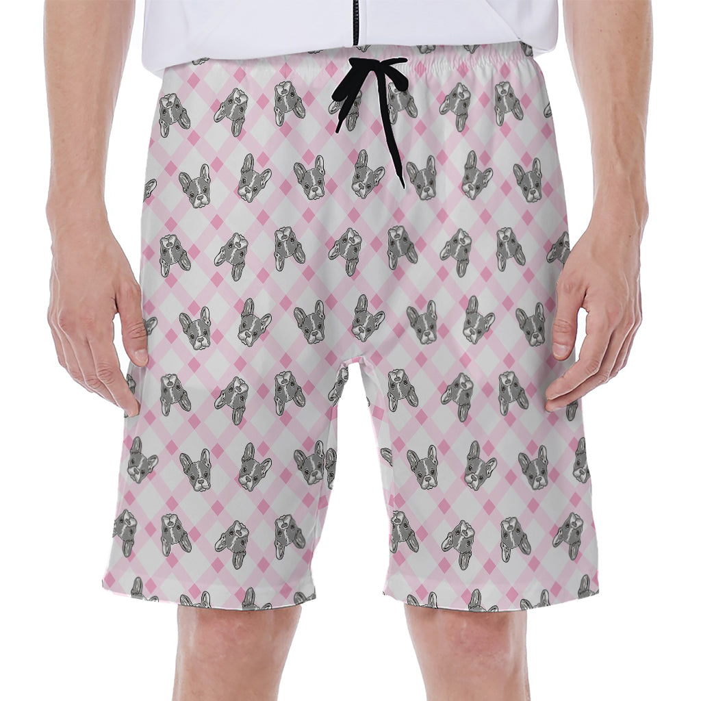 Pink Boston Terrier Plaid Print Men's Beach Shorts