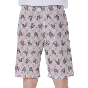 Pink Boston Terrier Plaid Print Men's Beach Shorts