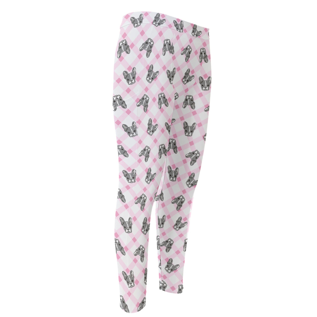 Pink Boston Terrier Plaid Print Men's Compression Pants