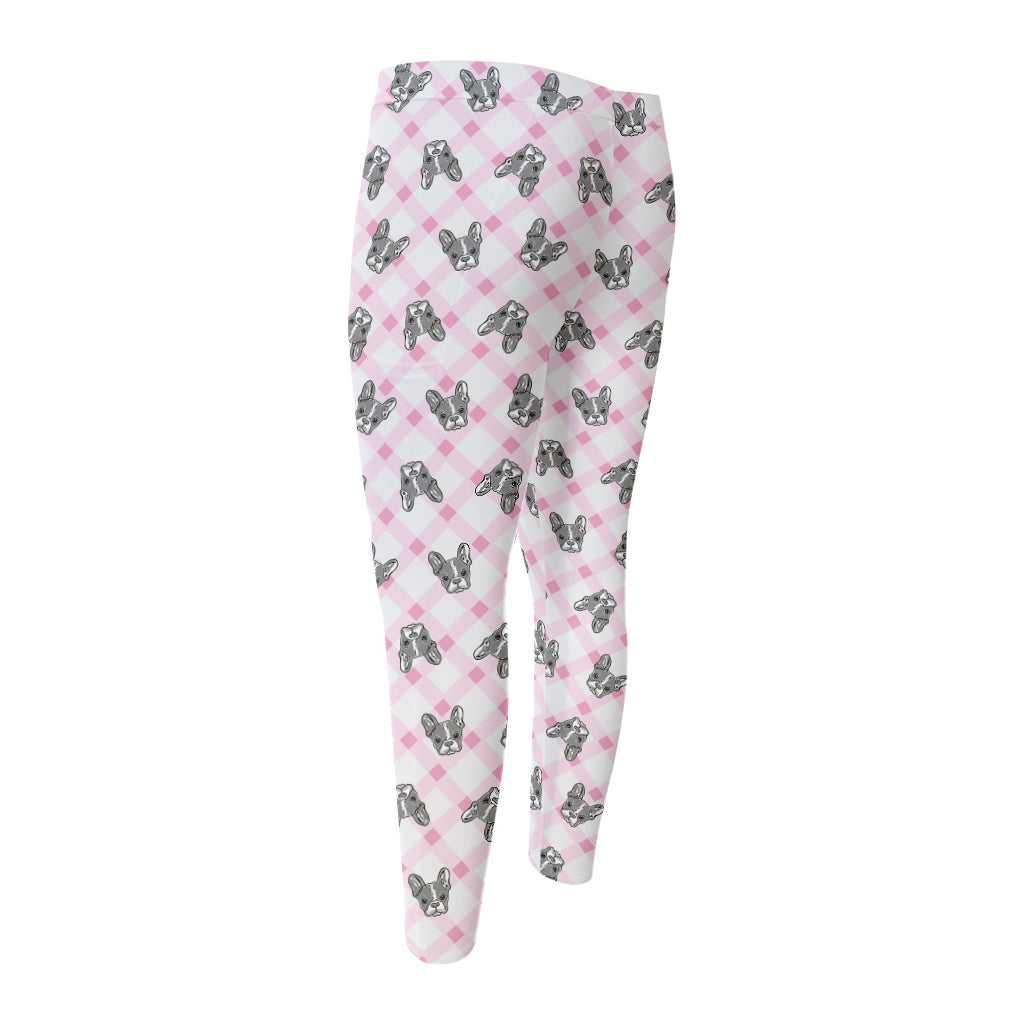 Pink Boston Terrier Plaid Print Men's Compression Pants