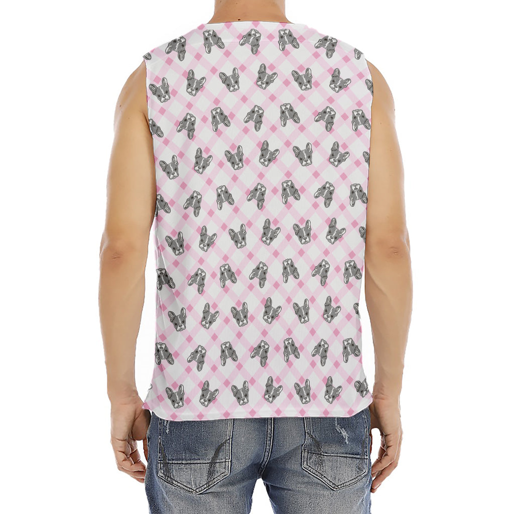 Pink Boston Terrier Plaid Print Men's Fitness Tank Top