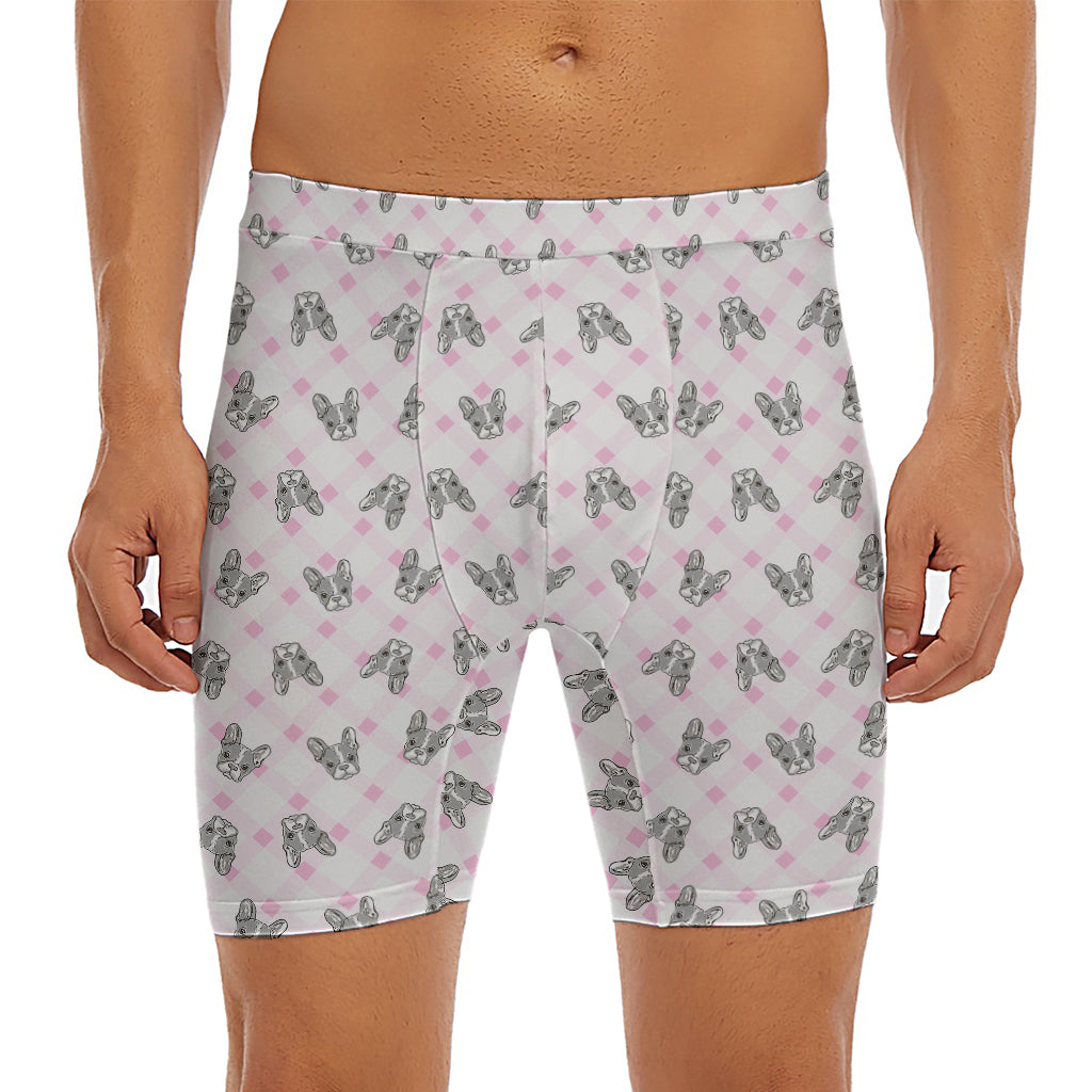 Pink Boston Terrier Plaid Print Men's Long Boxer Briefs