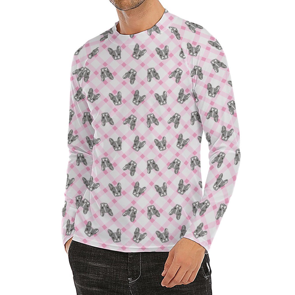 Pink Boston Terrier Plaid Print Men's Long Sleeve Rash Guard