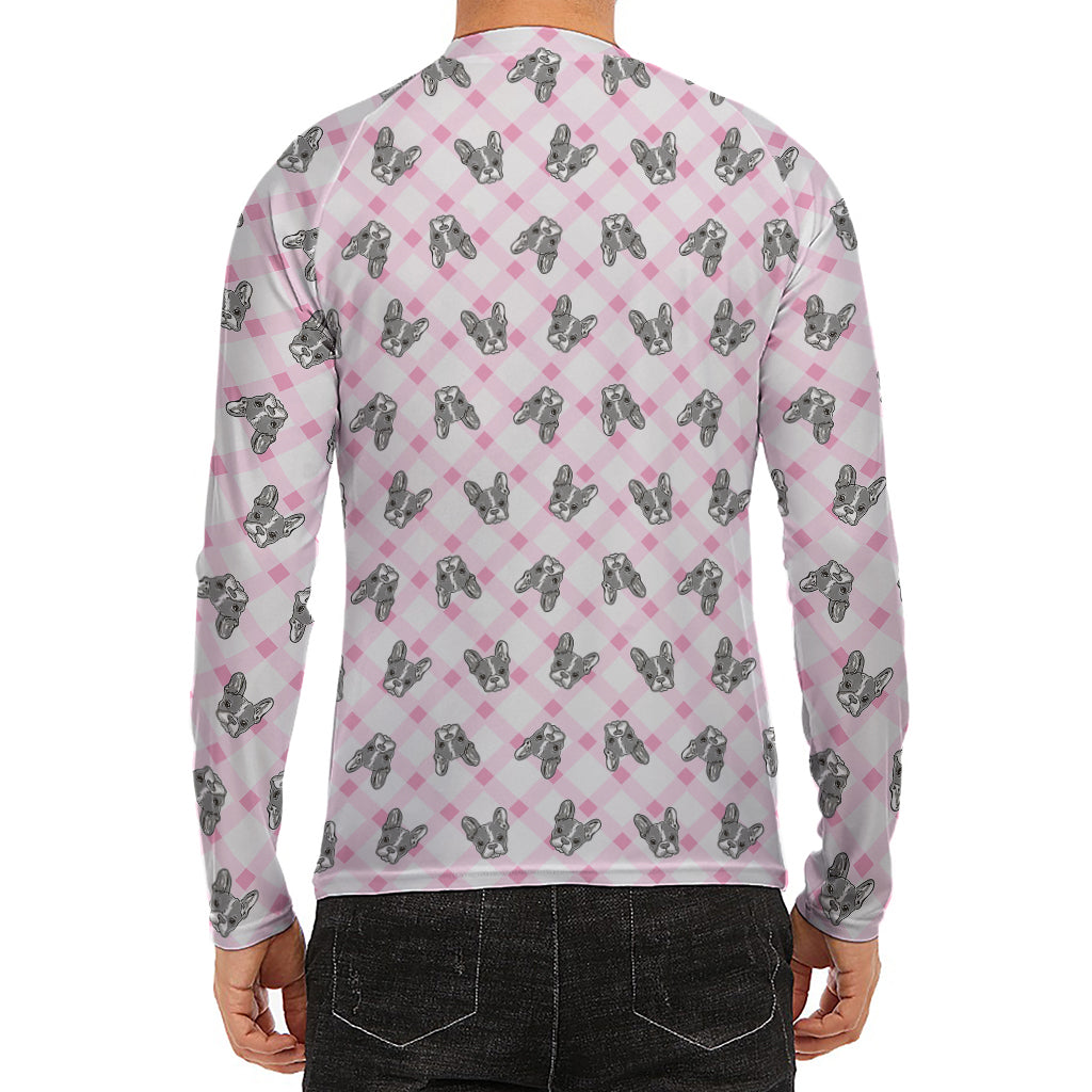 Pink Boston Terrier Plaid Print Men's Long Sleeve Rash Guard