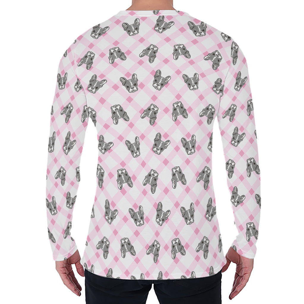 Pink Boston Terrier Plaid Print Men's Long Sleeve T-Shirt