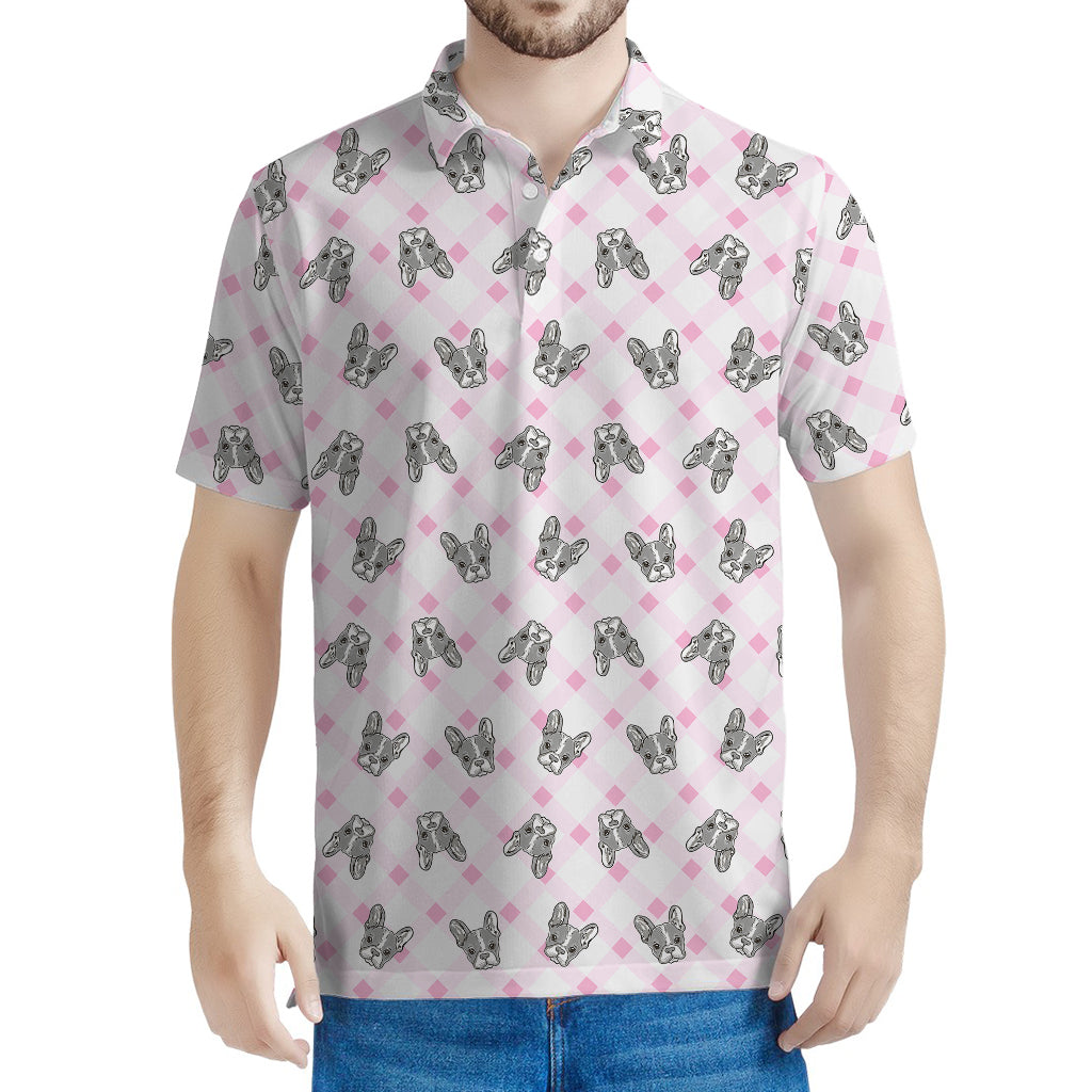 Pink Boston Terrier Plaid Print Men's Polo Shirt