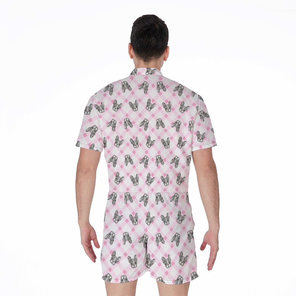 Pink Boston Terrier Plaid Print Men's Rompers