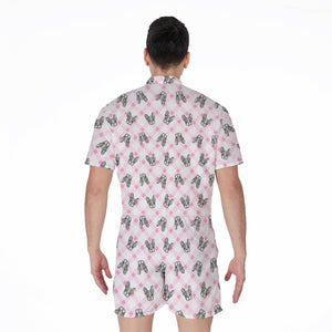 Pink Boston Terrier Plaid Print Men's Rompers